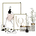 Elegant Decorative Ornament Set With Golden Frames Minimalist Artwork Marble Vases And Open Books