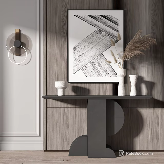 Modern Console Table With Wooden Wall Abstract Painting And White Vases 3d model 