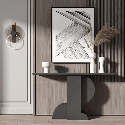 Modern Console Table With Wooden Wall Abstract Painting And White Vases 3d model