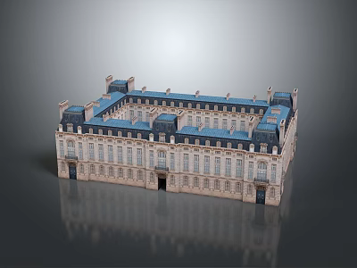 Cartoon Scene Of Classical Building With Blue Roof White Walls Multiple Windows And Symmetrical Design 3d model