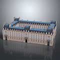 Cartoon Scene Of Classical Building With Blue Roof White Walls Multiple Windows And Symmetrical Design
