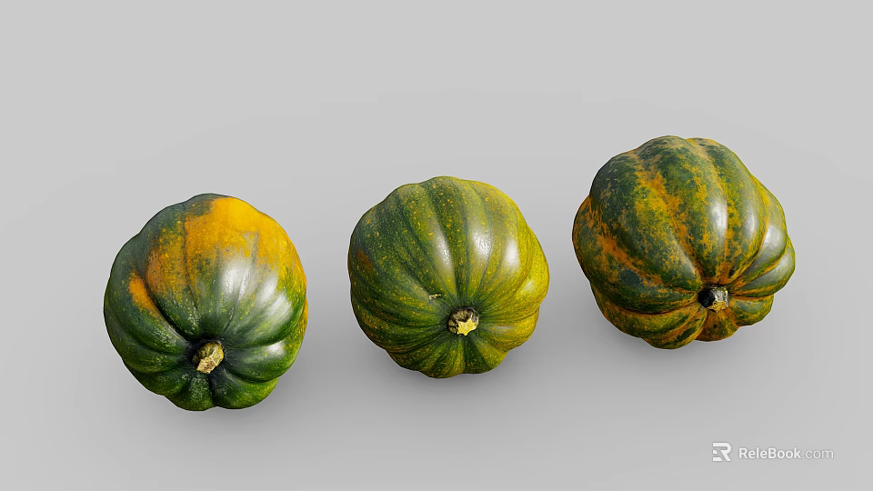 Three Fresh Green And Yellow Striped Squash Vegetable Arranged On Gray Background 3d model 