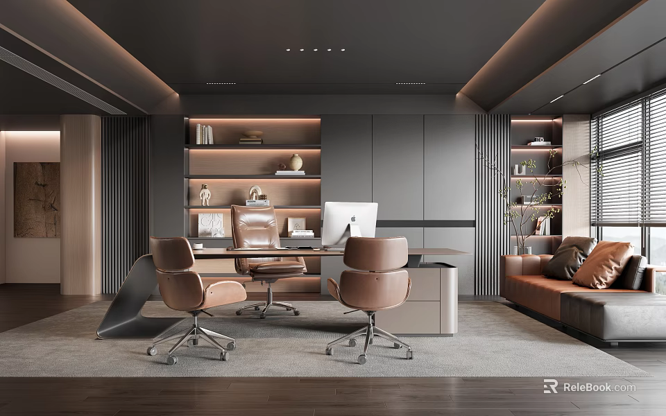Modern Office Interior Design With Gray Bookshelves Brown Chairs Desk and Sofa 3d model 