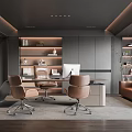 Modern Office Interior Design With Gray Bookshelves Brown Chairs Desk and Sofa