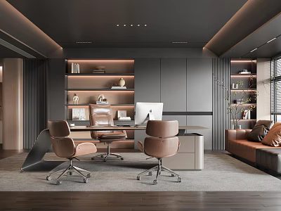 Modern Office Interior Design With Gray Bookshelves Brown Chairs Desk and Sofa 3d model
