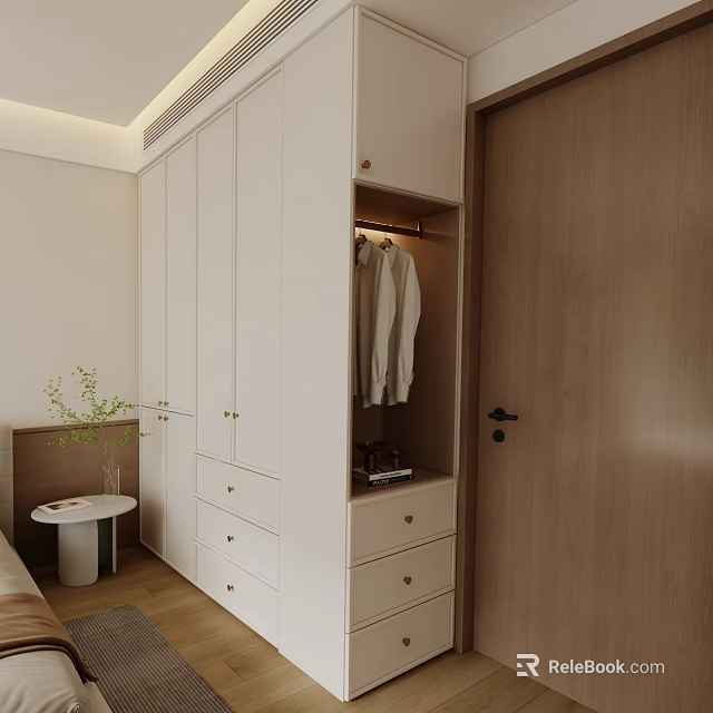 Modern White Wardrobe With Drawers Cabinets Open Hanging Space And Side Table With Potted Plant 3d model 