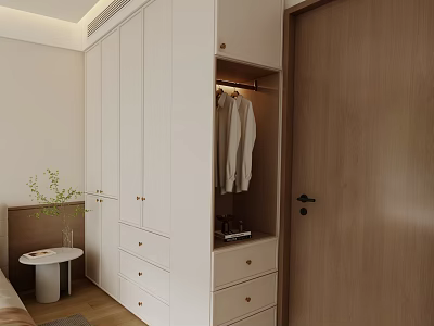 Modern White Wardrobe With Drawers Cabinets Open Hanging Space And Side Table With Potted Plant 3d model