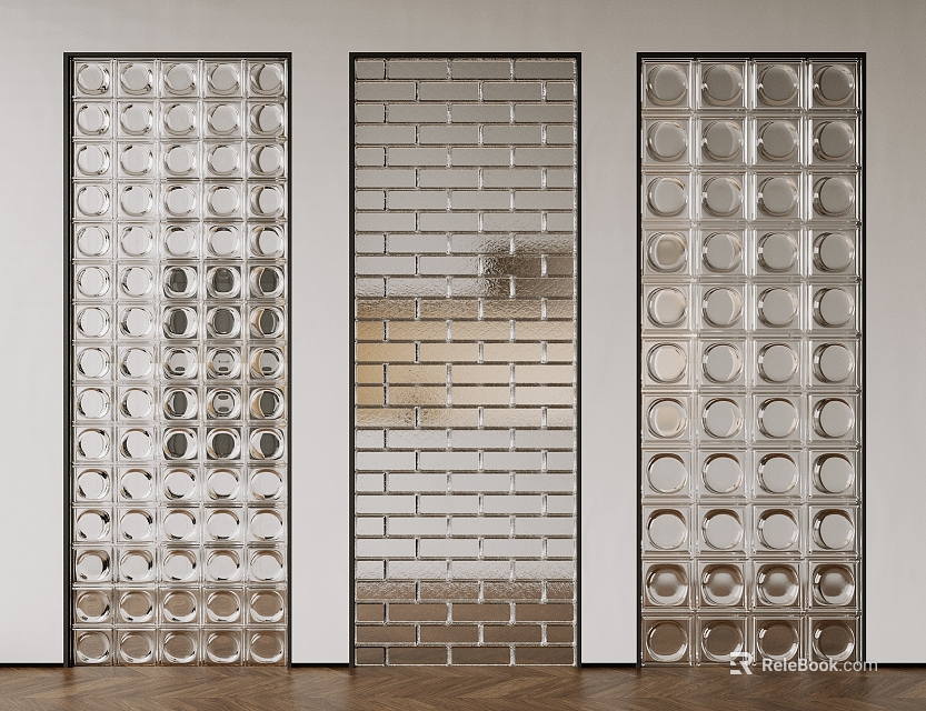 Decorative Modern Glass Room Dividers With Circular Patterns And Brick Texture Design 3d model 