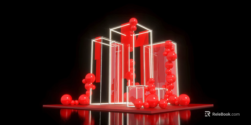 Red Modern Art Installation With Geometric Frames Illuminated Lines And Spheres 3d model