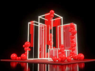 Red Modern Art Installation With Geometric Frames Illuminated Lines And Spheres 3d model