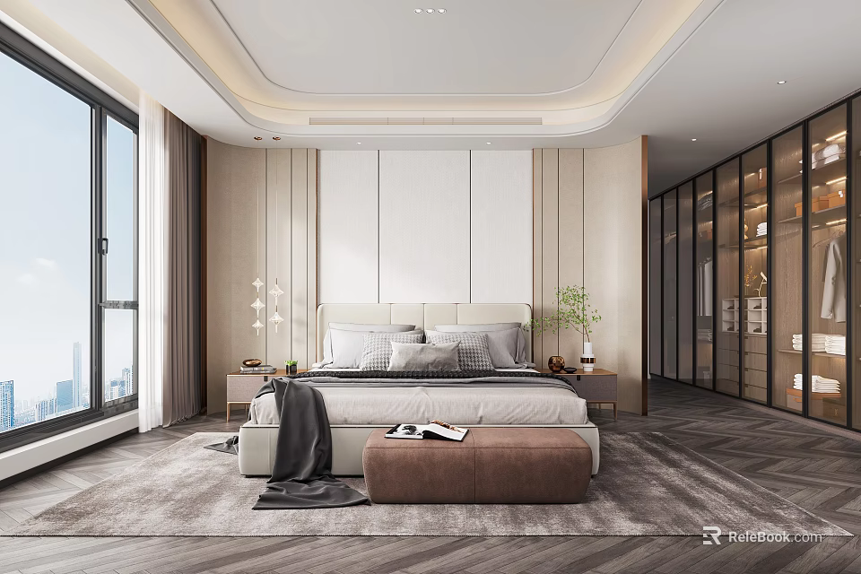 Modern Bedroom Interior Design With Large Bed Headboard Nightstands And Floor to Ceiling Windows 3d model 