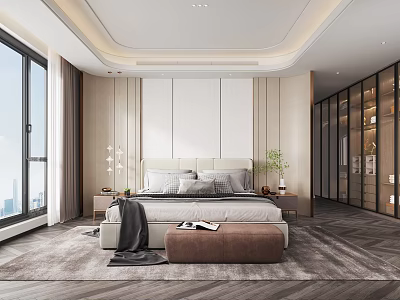 Modern Bedroom Interior Design With Large Bed Headboard Nightstands And Floor to Ceiling Windows 3d model