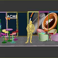 ACME Exhibition Booth Display With Blue Background Orange Accents White Furniture And Man