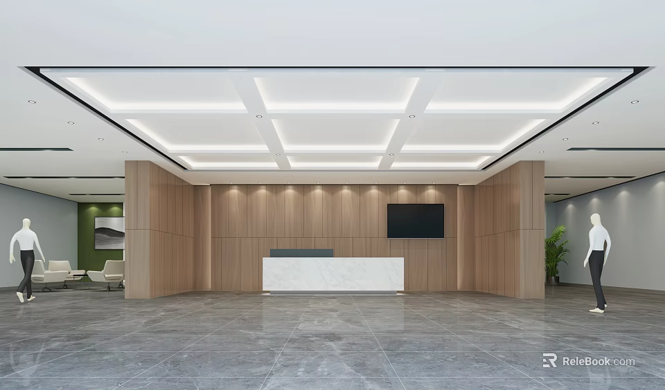 Modern Spacious Reception Area With Wooden Walls Marble Desk And TV Screen 3d model 