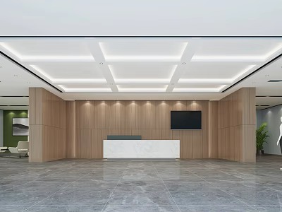 Modern Spacious Reception Area With Wooden Walls Marble Desk And TV Screen 3d model