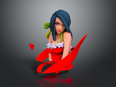 Blue Haired Female Character In White Flower Outfit With Green Snake Red Ribbon And Red Heart 3d model