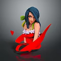 Blue Haired Female Character In White Flower Outfit With Green Snake Red Ribbon And Red Heart