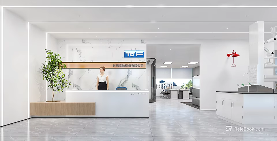 Modern Office Reception Desk with Marble Backdrop and Professional Receptionist Company Logo and Bright Interior 3d model 