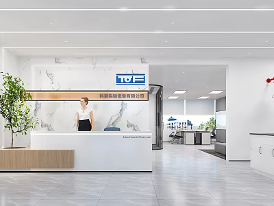 Modern Office Reception Desk with Marble Backdrop and Professional Receptionist Company Logo and Bright Interior 3d model