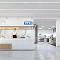Modern Office Reception Desk with Marble Backdrop and Professional Receptionist Company Logo and Bright Interior