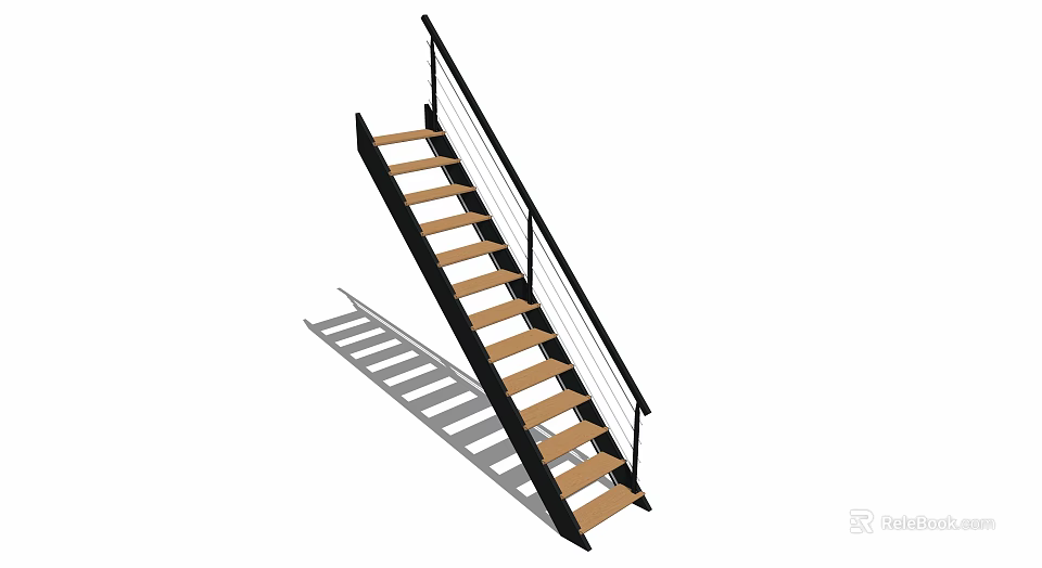 Modern Staircase With Wooden Steps Black Handrail And Metal Railings 3d model 