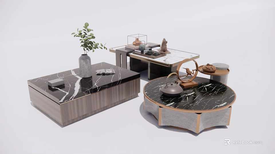Elegant Coffee Tables With Marble Tops Wooden Frames And Decorative Tea Sets 3d model