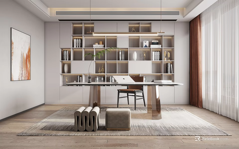 Modern Study Room Interior Design With Bookshelves Desk Chair And Decorative Elements 3d model