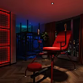 Hotel Guest Room Featuring Orange Walls Blue Curtains And City Night View Through Windows