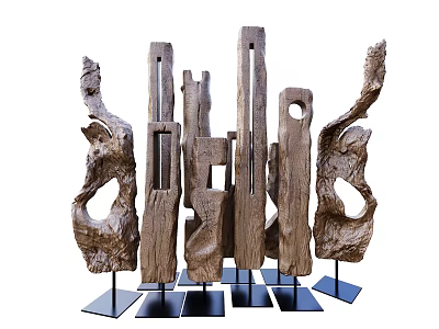Multiple Artistic Wooden Carvings with Abstract Shapes on Black Bases Displaying Natural Textures 3d model