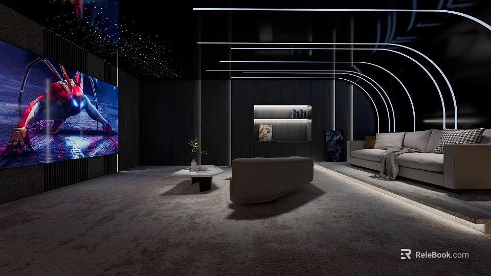 Modern Home Theater Room Interior With Large Screen Comfortable Sofa And Ambient Lighting 3d model