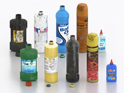 Assorted Colorful Household Items With Spray Bottles Metal Cans And Cleaning Supplies 3d model