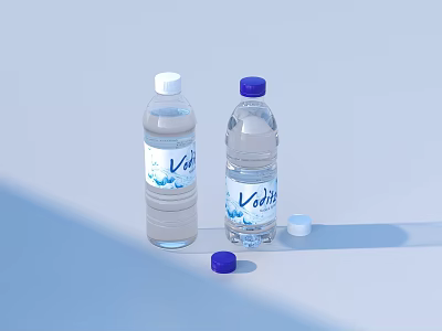 Clear Vivia Mineral Water Bottles With White And Blue Caps And Separate Blue Lid 3d model