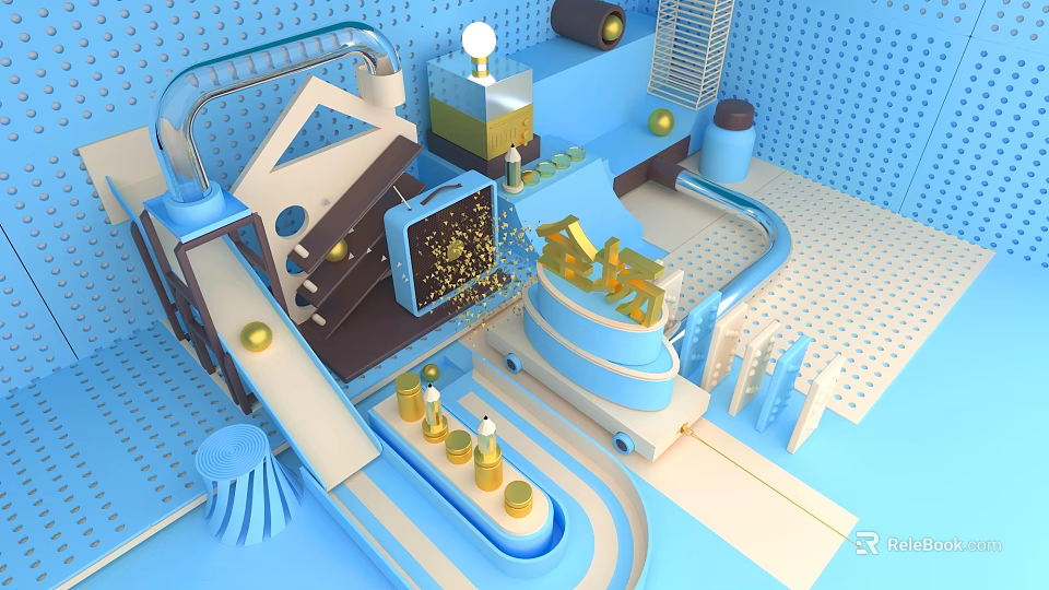 JinFang Themed 3D Scene With Blue Background Golden Elements And Pipes 3d model 