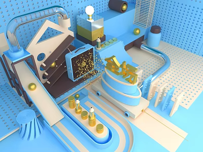 JinFang Themed 3D Scene With Blue Background Golden Elements And Pipes 3d model