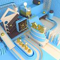 JinFang Themed 3D Scene With Blue Background Golden Elements And Pipes