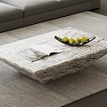 Modern Marble Texture Coffee Table with Magazine Black Platter and Green Fruits on Gray Rug