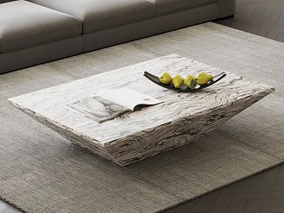 Modern Marble Texture Coffee Table with Magazine Black Platter and Green Fruits on Gray Rug 3d model