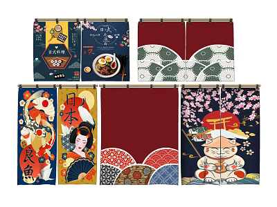 Traditional Japanese Style Kitchen Curtains with Cherry Blossoms Lucky Cat and Fish Patterns 3d model