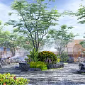 Serene Courtyard Garden With Green Trees Blue Flowers Rocks Table Chairs And Misty Atmosphere