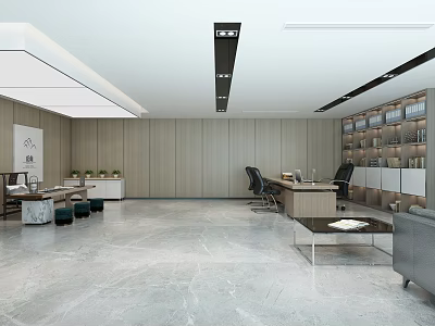 Modern Office Interior With Wooden Panel Walls Desk Chairs Bookshelves And Green Plants 3d model