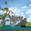 Garden Ornament With Rockery Water Feature Golden Monkey Sculpture Small Tree And Green Shrubs