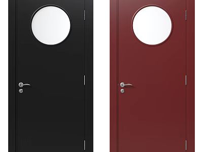 Stylish Black and Red Swing Doors with Round Glass Windows and Door Handles 3d model