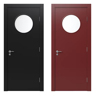 Stylish Black and Red Swing Doors with Round Glass Windows and Door Handles 3d model