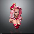 3D Female Bust Sculpture With Pink Long Hair Heart Headpiece Red Outfit And Curved Patterns