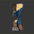Pixelated Bear Character In Blue Coat Holding Tool Standing On Stone Base 3d model