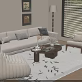 Modern Living Room White Sofa And Coffee Table Set With Throw Pillows Area Rug And Floor Lamp