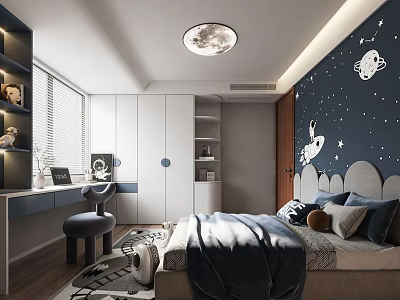 Kids Bedroom Interior With Starry Wall Moon Ceiling Light Study Desk And Bed 3d model