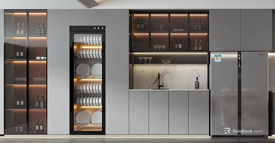 Modern Kitchen With Refrigerator Freezer Marble Countertop Wine Storage And Dish Cabinet Lighting 3d model 