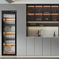 Modern Kitchen With Refrigerator Freezer Marble Countertop Wine Storage And Dish Cabinet Lighting