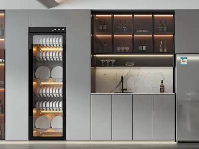 Modern Kitchen With Refrigerator Freezer Marble Countertop Wine Storage And Dish Cabinet Lighting 3d model